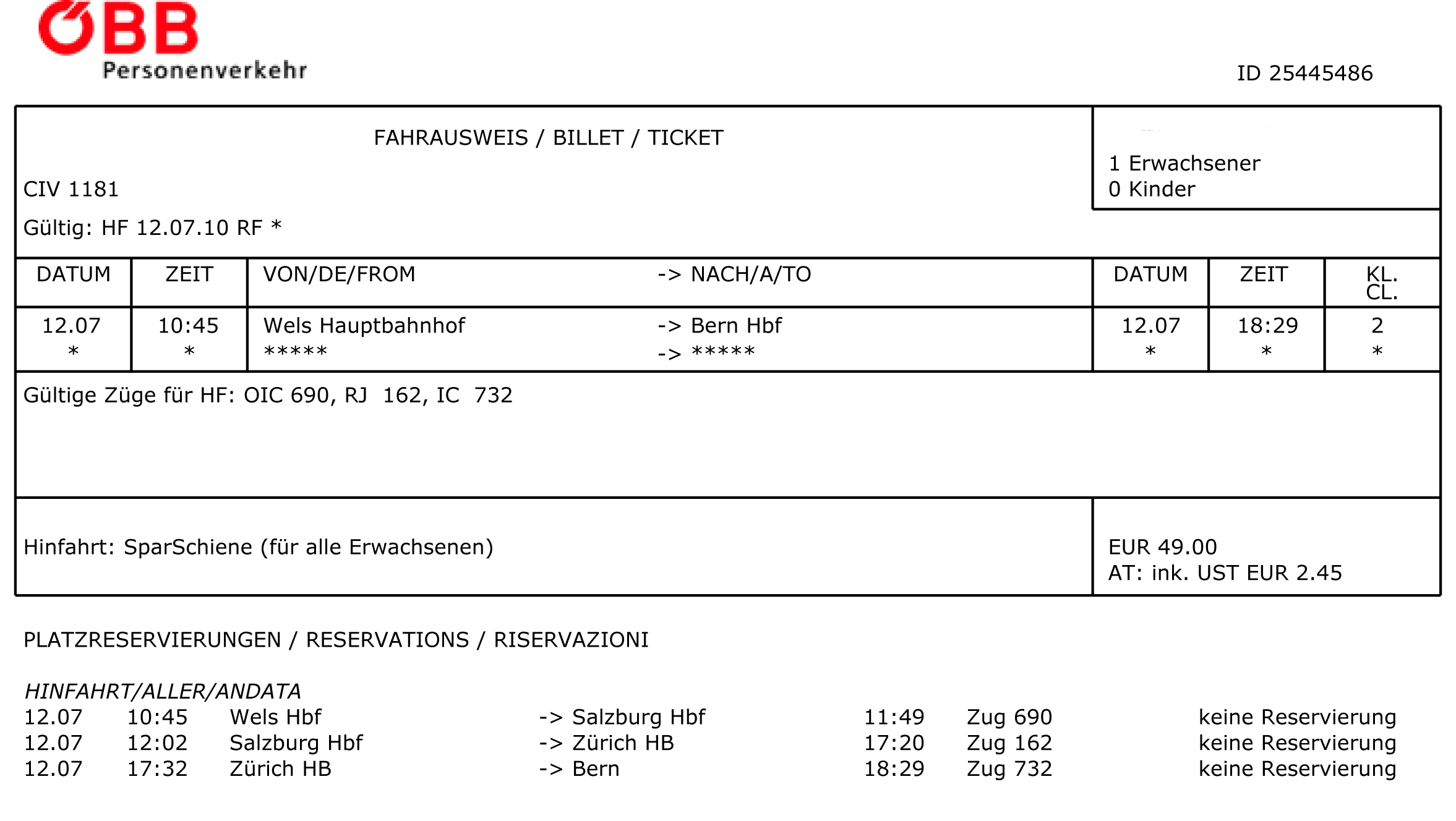 ÖBB Sparschiene Ticket 12 Juli 2010 von Wels nach Bern in