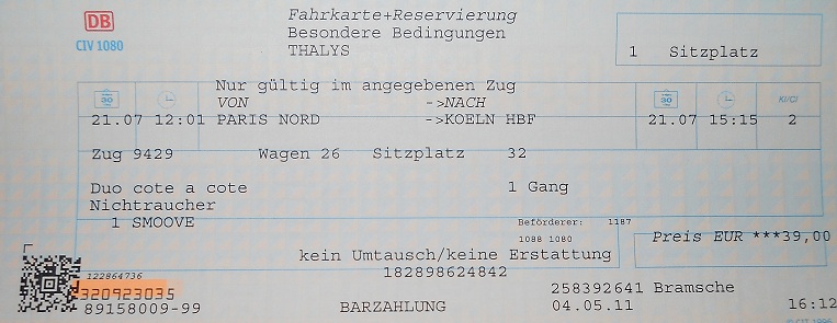 ZUGTICKET von KÖLN nach PARIS am 21 07 11 für 30 € in