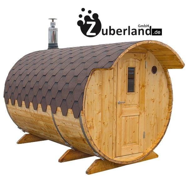3m Fichten Sauna mit Vorraum und einem Durchmesser 2m Saunafass Sauna