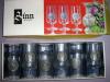 Biete 6 Bier-Pokale aus Glas mit Zinnmünzen drauf